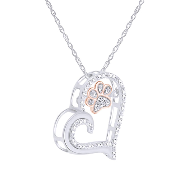 Round Cut White Natural Diamond Two Tone Paw Print Heart Pendant Necklace For Women In 925 Sterling Silver & 10K Solid Gold