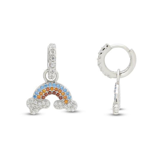 Round Multi Color Cubic Zirconia Huggie Hoop Earrings For Womens In 14K White Gold Plated 925 Sterling Silver
