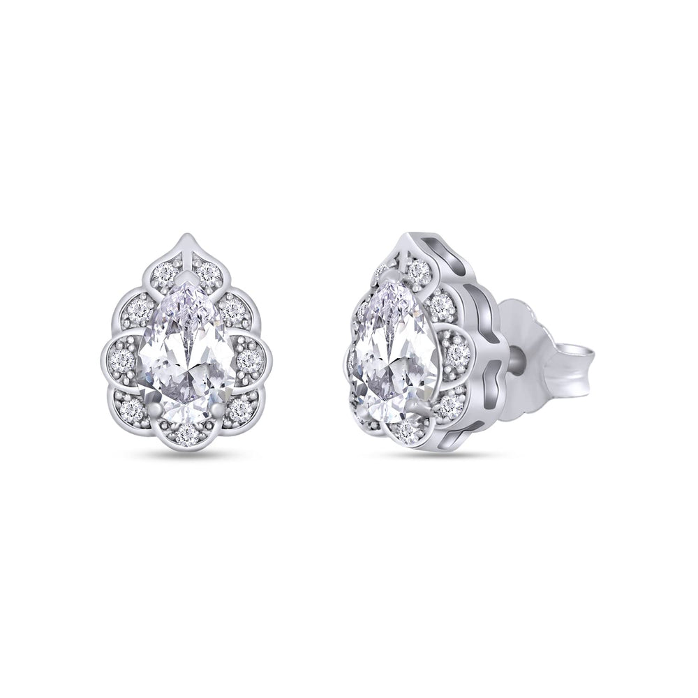 Pear & Round Cut Lab Created Diamond Moissanite Vintage Floral Halo Stud Earring In 925 Sterling Silver (0.90 Cttw)