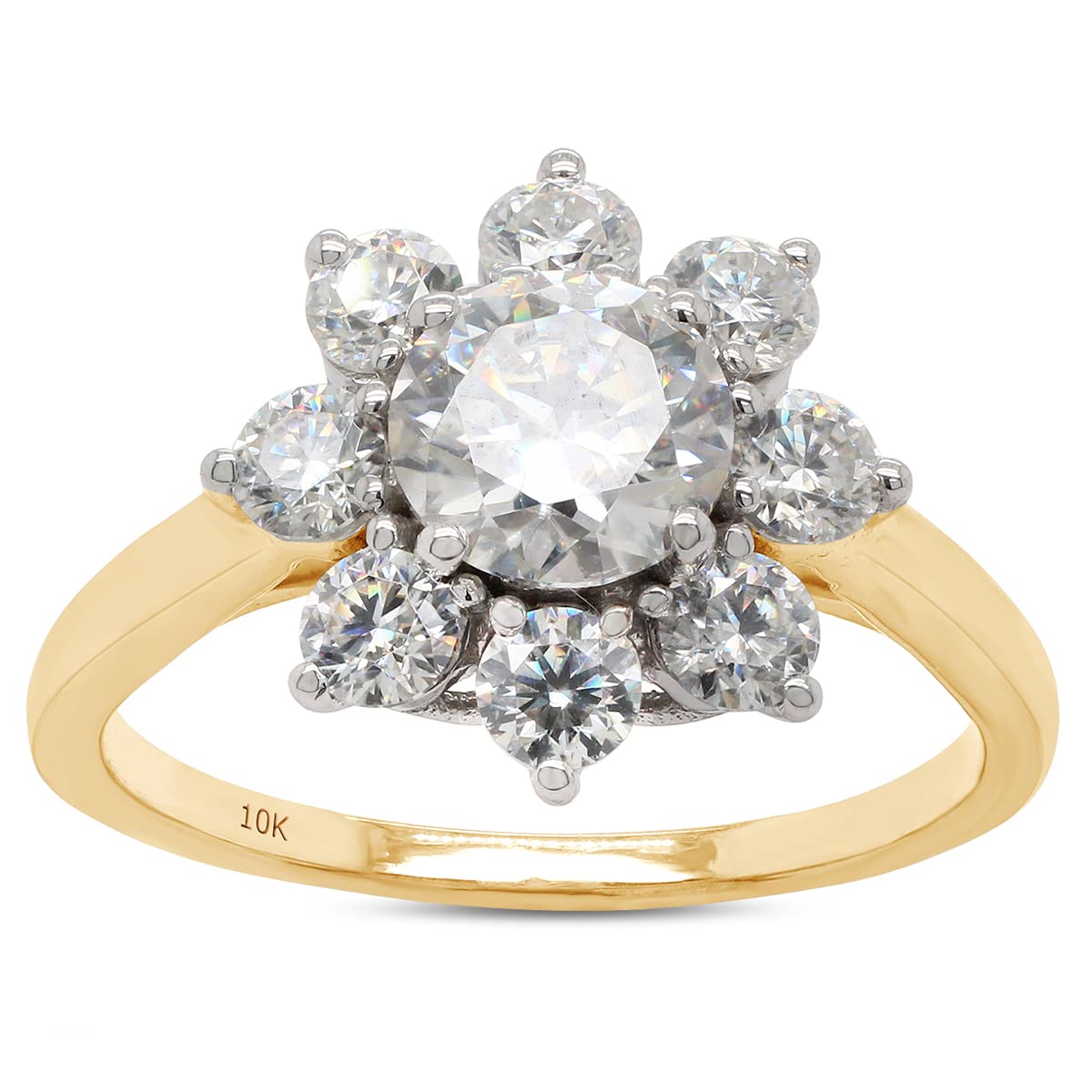 1.50 Carat 6MM Round Cut Lab Created Moissanite Diamond Halo Flower Engagement Ring for Women in 10K or 14K Solid Gold