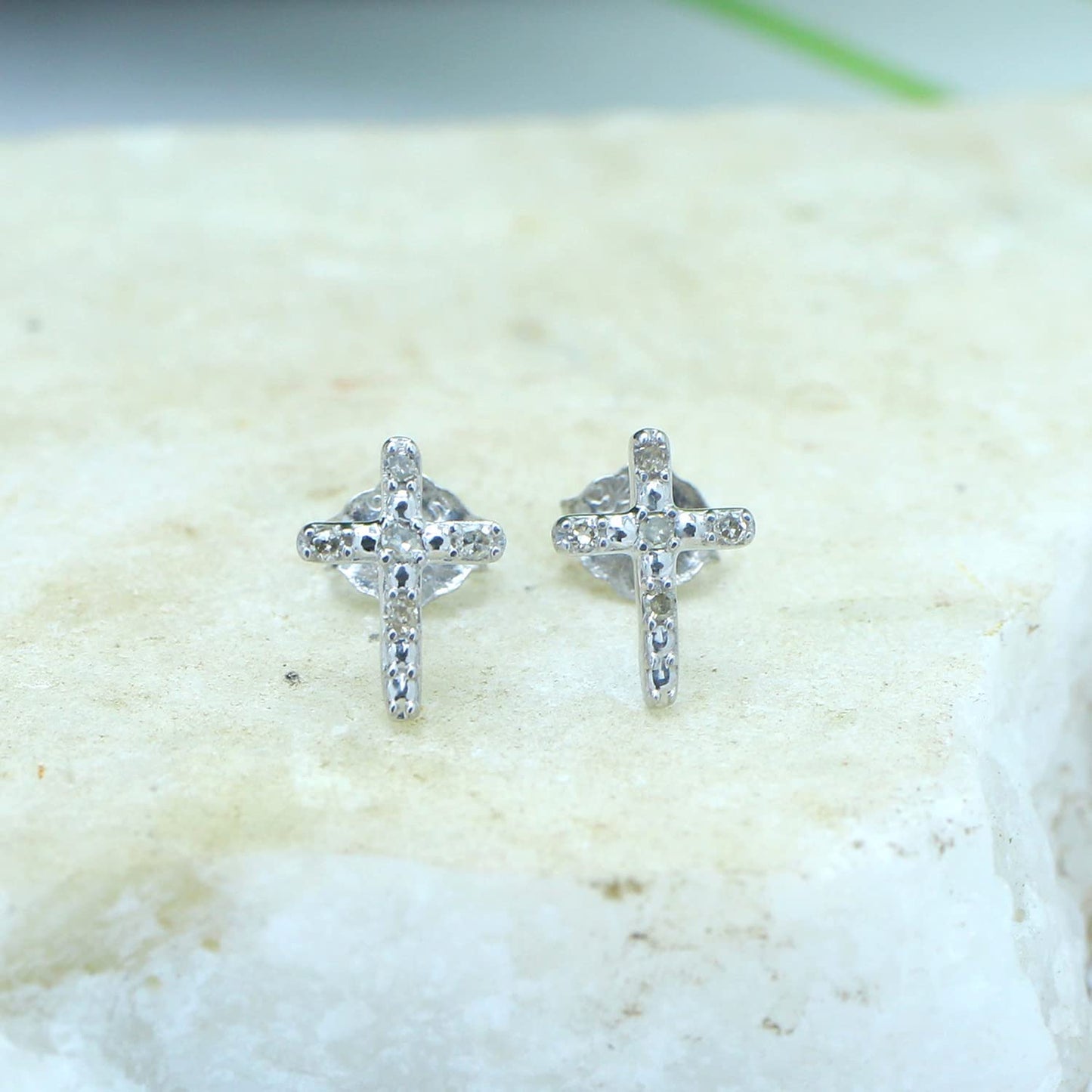 1/20 Carat Round Cut Natural Diamond Accent Cross Stud Earrings For Women In 925 Sterling Silver (0.05 Cttw)