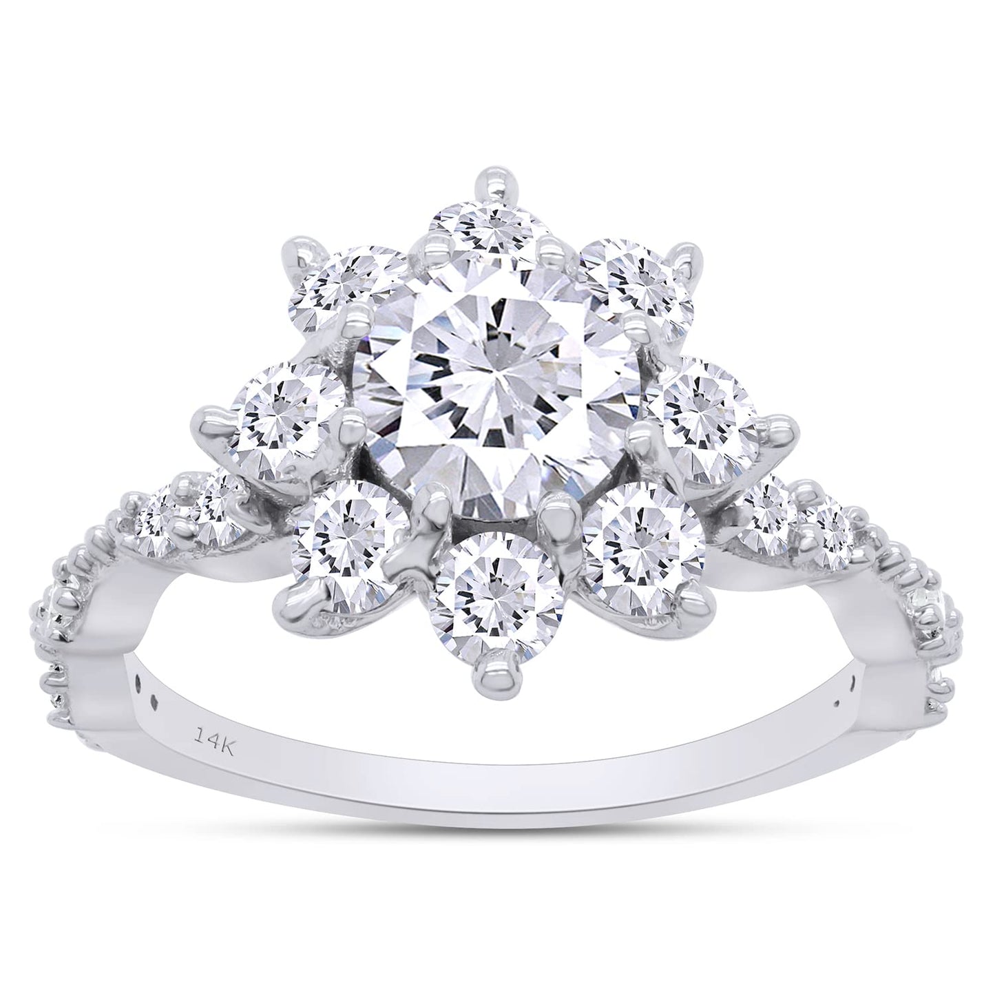 1 2/3 ct. t.w 6.5MM Round Cut Lab Created Moissanite Diamond Halo Flower Wedding Engagement Ring for Women in 10K or 14K Solid Gold (1.65 Cttw)