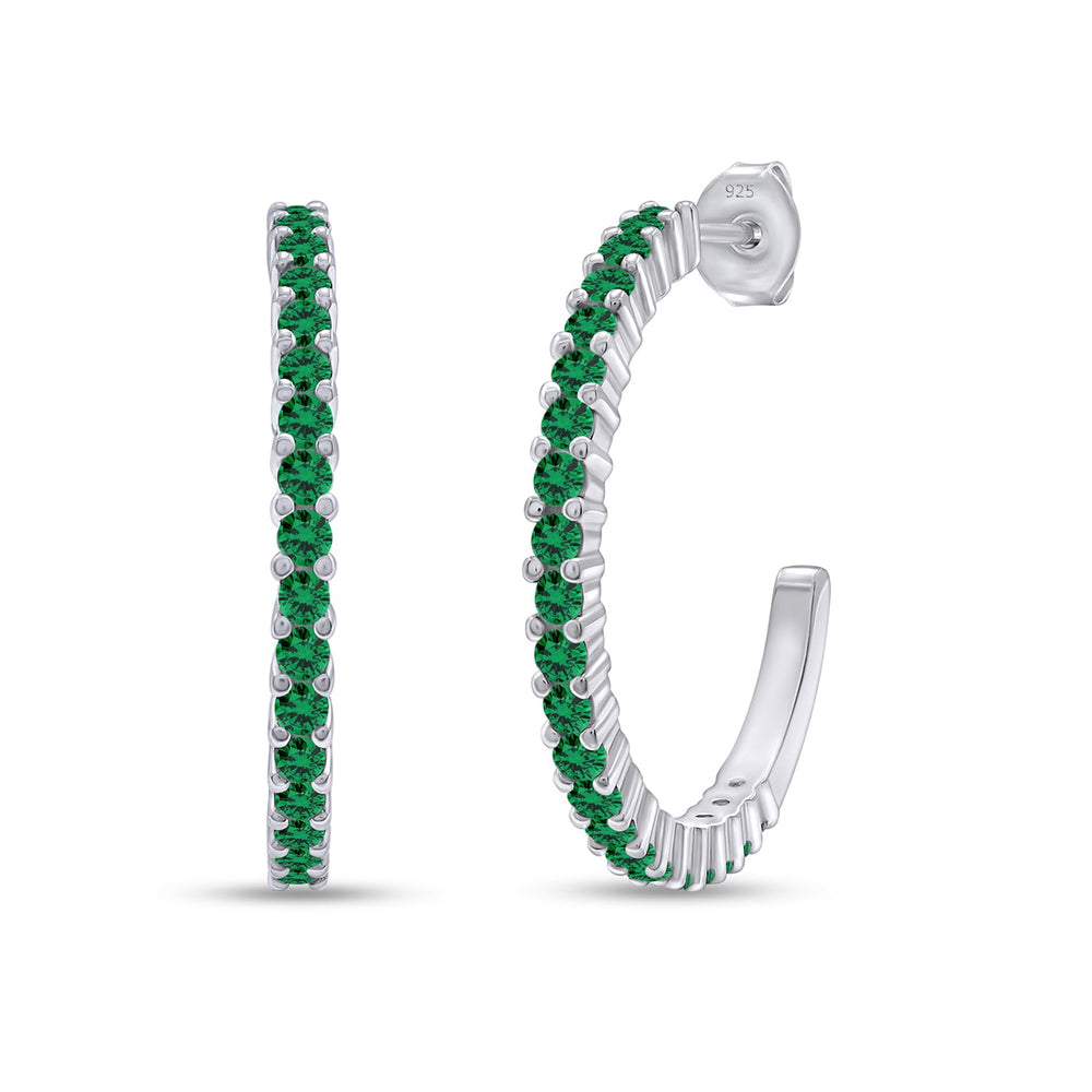 Round Simulated Green Emerald Single Row Hoop Earrings For Women In 925 Sterling Silver