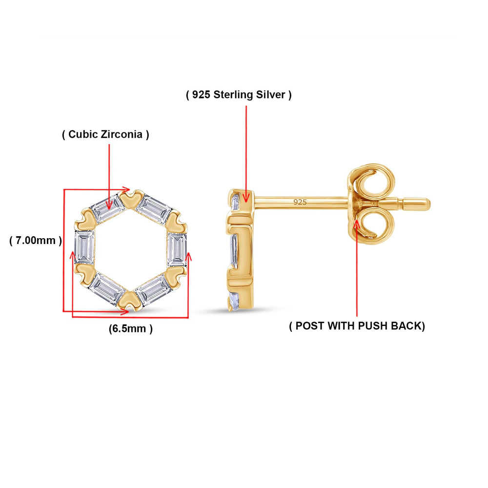 
                      
                        Open Hexagon Shape Stud Earrings For Women, Baguette Shape Sparkling White Cubic Zirconia Dainty Stud Earrings In 14K Gold Over Sterling Silver With Push Back
                      
                    