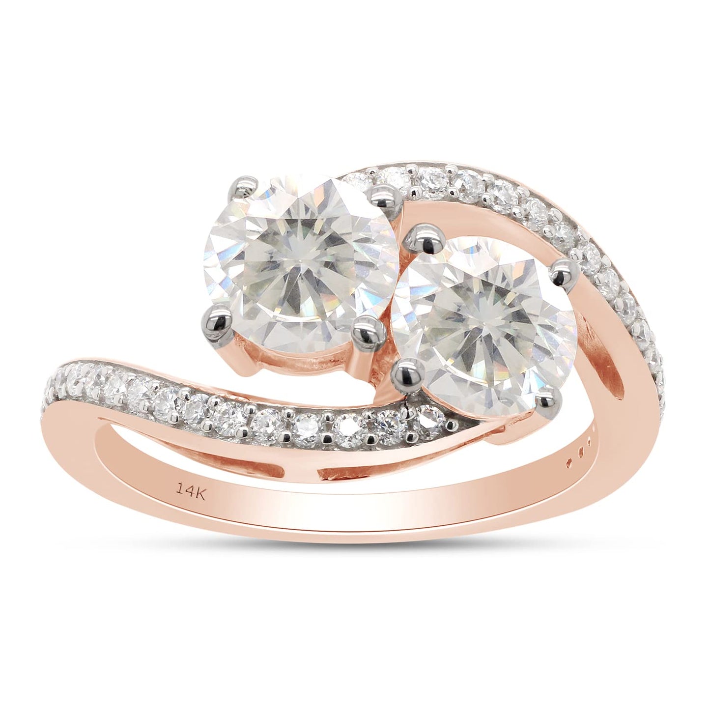 1 3/4 Carat Lab Created Moissanite Diamond Two Stone Bypass Engagement Ring in 10K or 14K Solid Gold For Women (1.75 Cttw)