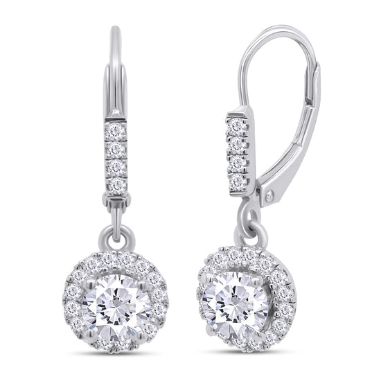 1 Carat Center 5MM Lab Created Moissanite Diamond Lever Back Halo Drop Earrings In 925 Sterling Silver (VVS1 Clarity, 1 Cttw)
