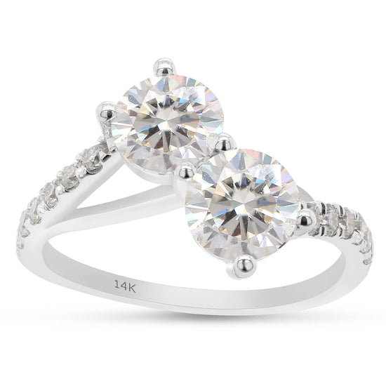 1 3/4 Carat Round Cut Lab Created Moissanite Diamond Two-Stone Crossover Engagement Ring for Women in 10K or 14K Solid Gold (1.75 Cttw)