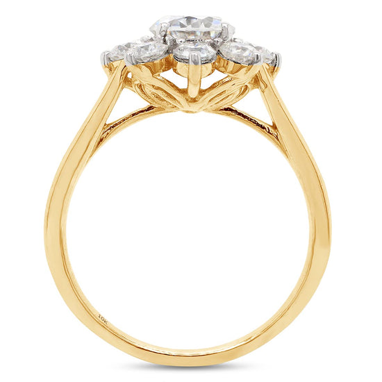 1.50 Carat 6MM Round Cut Lab Created Moissanite Diamond Halo Flower Engagement Ring for Women in 10K or 14K Solid Gold