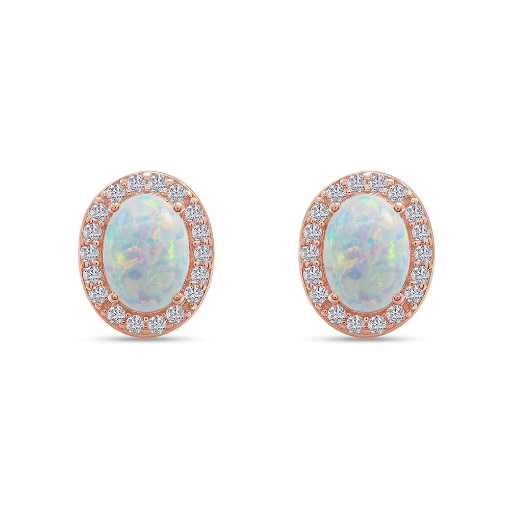 
                      
                        Oval Cut Simulated Opal & Round Shape White Cubic Zirconia Halo Stud Earrings In 925 Sterling Silver
                      
                    