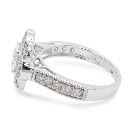 1 2/5 ct.t.w Center 6MM Cushion Cut Lab Created Moissanite Diamond Floral Halo Engagement Ring in 10K Or 14K Solid Gold (1.40 Cttw)