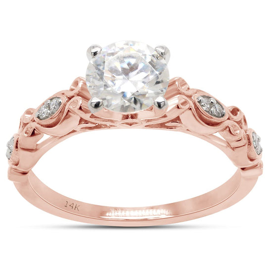 6MM Round Cut Lab Created Moissanite Diamond Solitaire Filigree Engagement Wedding Ring in 10K or 14K Solid Gold (0.85 Cttw)