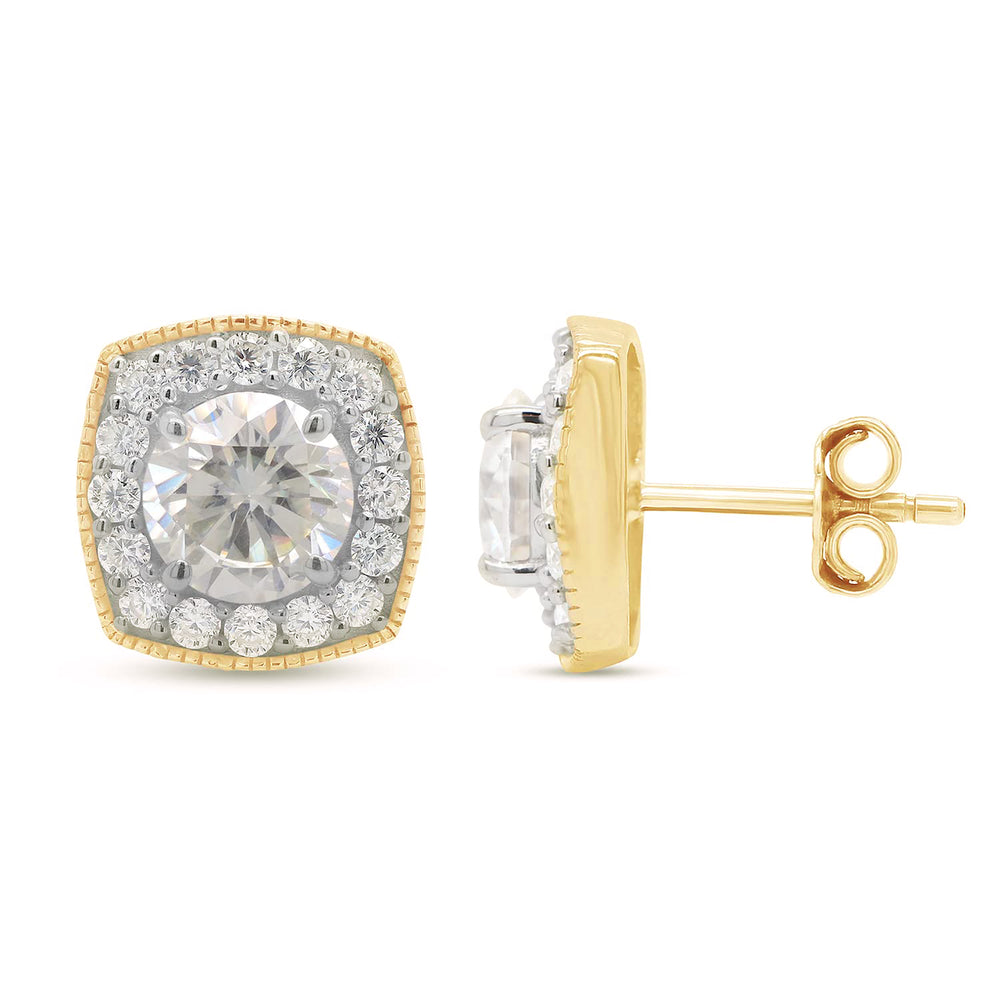 1.90 Carat Center 6MM Round Cut Lab Created Moissanite Diamond Milgrain Halo Stud Earrings In 10K Or 14K Solid Gold