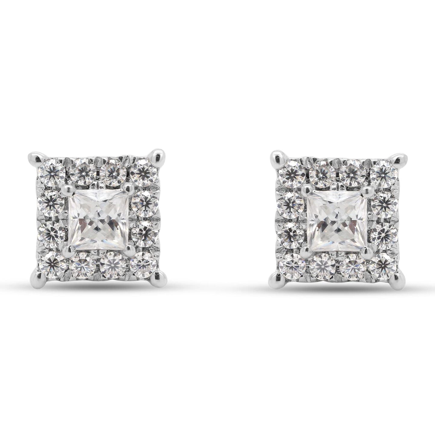 0.33 Carat Princess & Round Cut Lab Created Moissanite Diamond Halo Stud Earrings In 925 Sterling Silver