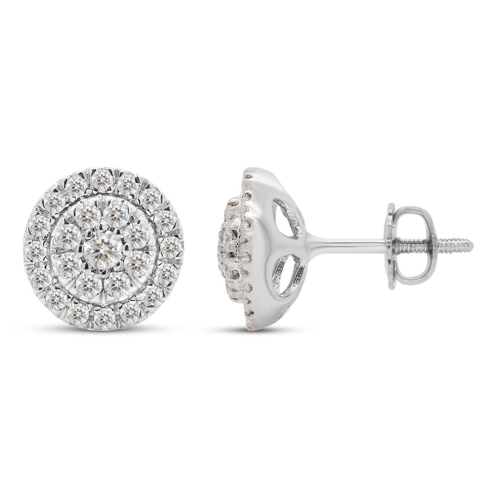 0.90 Carat Round Cut Lab Created Moissanite Diamond Halo Cluster Stud Earrings For Women In 10K Or 14K Solid Gold