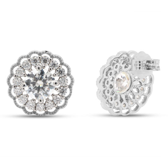 2 1/5 Carat Lab Created Moissanite Diamond Push Back Flower Halo Stud Earrings In 925 Sterling Silver (VVS1 Clarity, 2.20 Cttw)