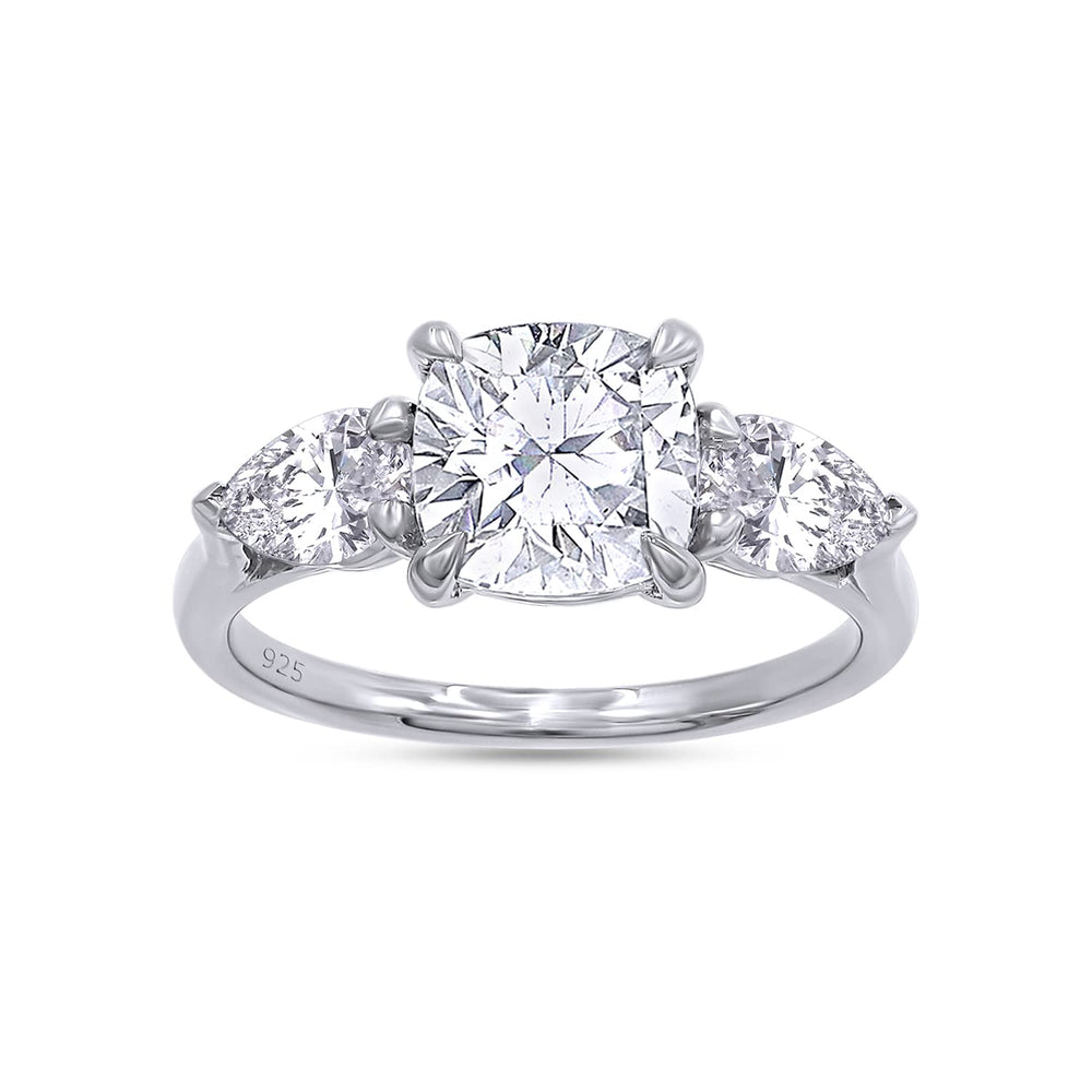 2.40 Carat Cushion & Pear Cut Lab Created Moissanite Diamond 3-Stone Engagement Ring In 925 Sterling Silver