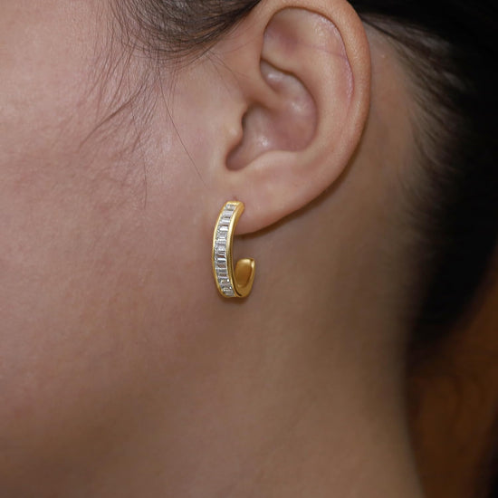 Baguette Cut White Cubic Zirconia Channel Set Hoop Earrings In 925 Sterling Silver