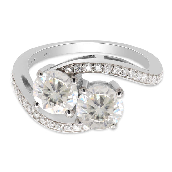 1 3/4 Carat Lab Created Moissanite Diamond Two Stone Bypass Engagement Ring in 10K or 14K Solid Gold For Women (1.75 Cttw)