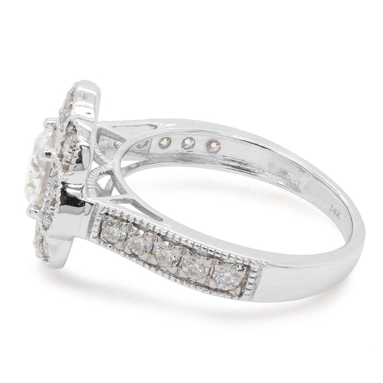 1 2/5 ct.t.w Center 6MM Cushion Cut Lab Created Moissanite Diamond Floral Halo Engagement Ring in 10K Or 14K Solid Gold (1.40 Cttw)