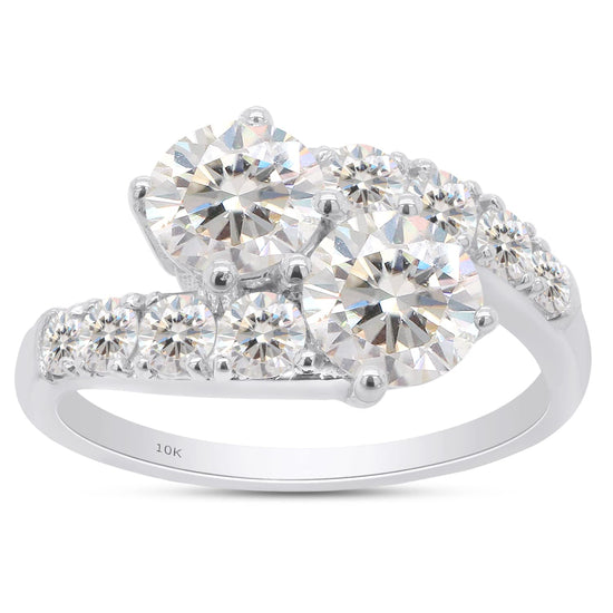 2 Carat Center 6MM Round Cut Lab Created Moissanite Diamond Two Stone Bypass Engagement Ring in 10K or 14K Solid Gold