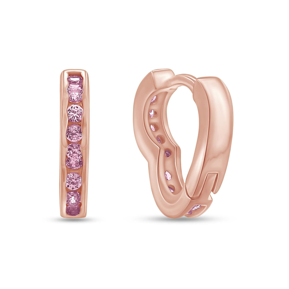 
                      
                        Round Simulated Pink Tourmaline Single Row Heart Shaped Huggie Hoop Earrings For Women In 925 Sterling Silver
                      
                    