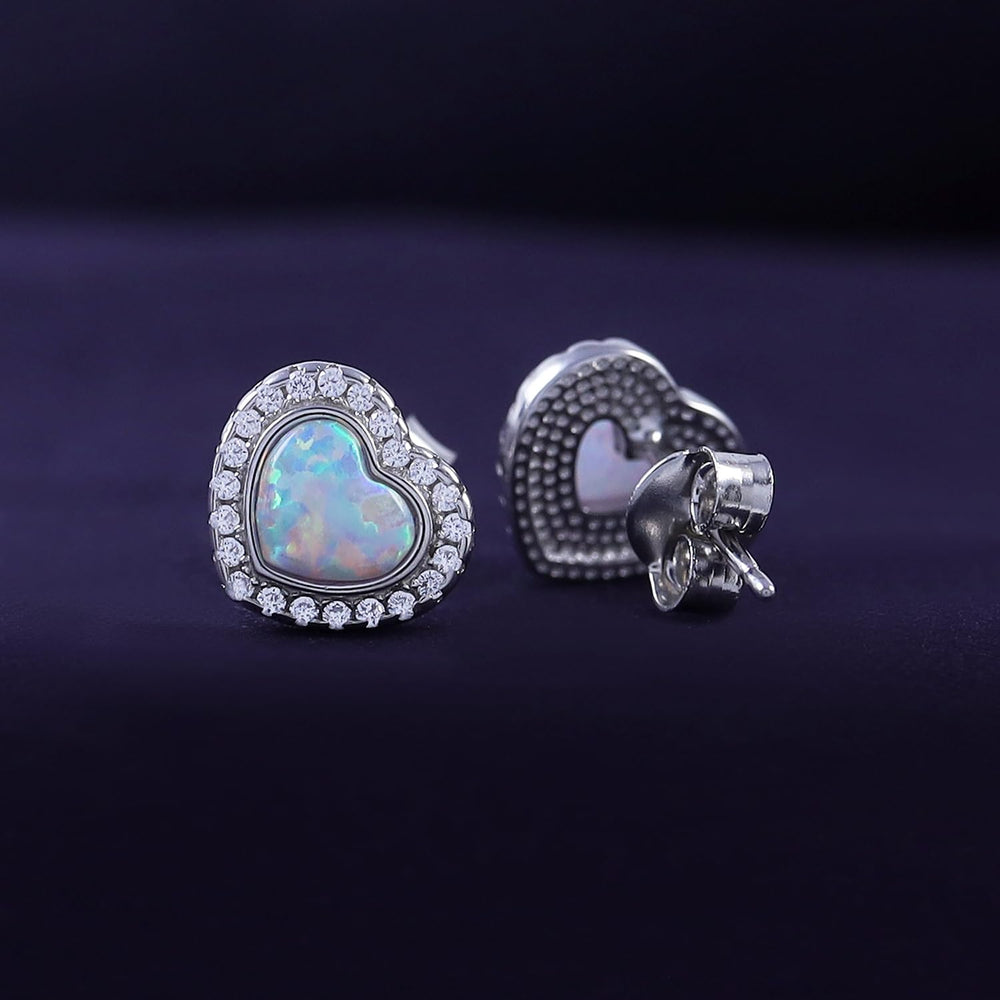 
                      
                        Heart Simulated Opal & Round Shape White Cubic Zirconia Halo Heart Stud Earrings In 925 Sterling Silver
                      
                    