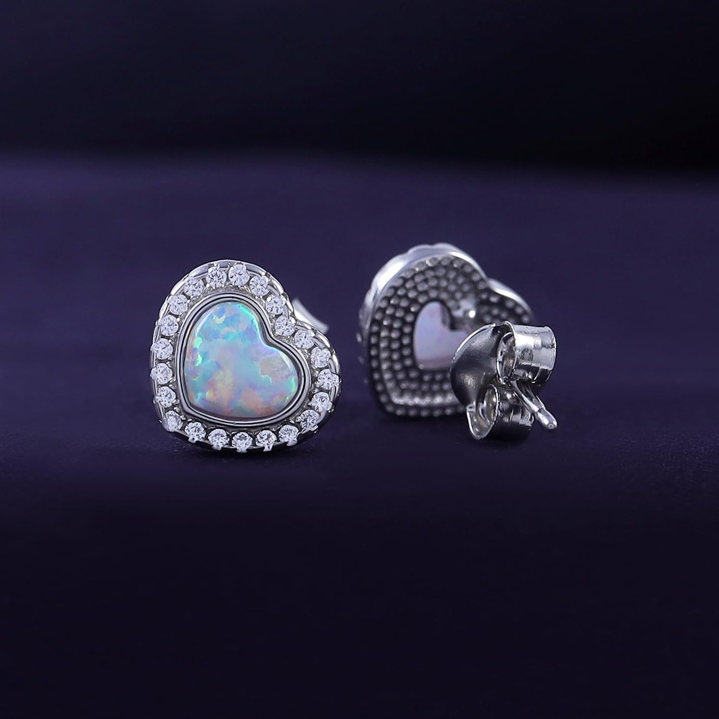 Heart Simulated Opal & Round Shape White Cubic Zirconia Halo Heart Stud Earrings In 925 Sterling Silver