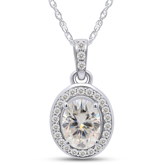 1 1/2 Carat 6X8MM Oval & Round Lab Created Moissanite Diamond Halo Pendant Necklace in 10K or 14K Solid Gold For Women (1.50 Cttw)