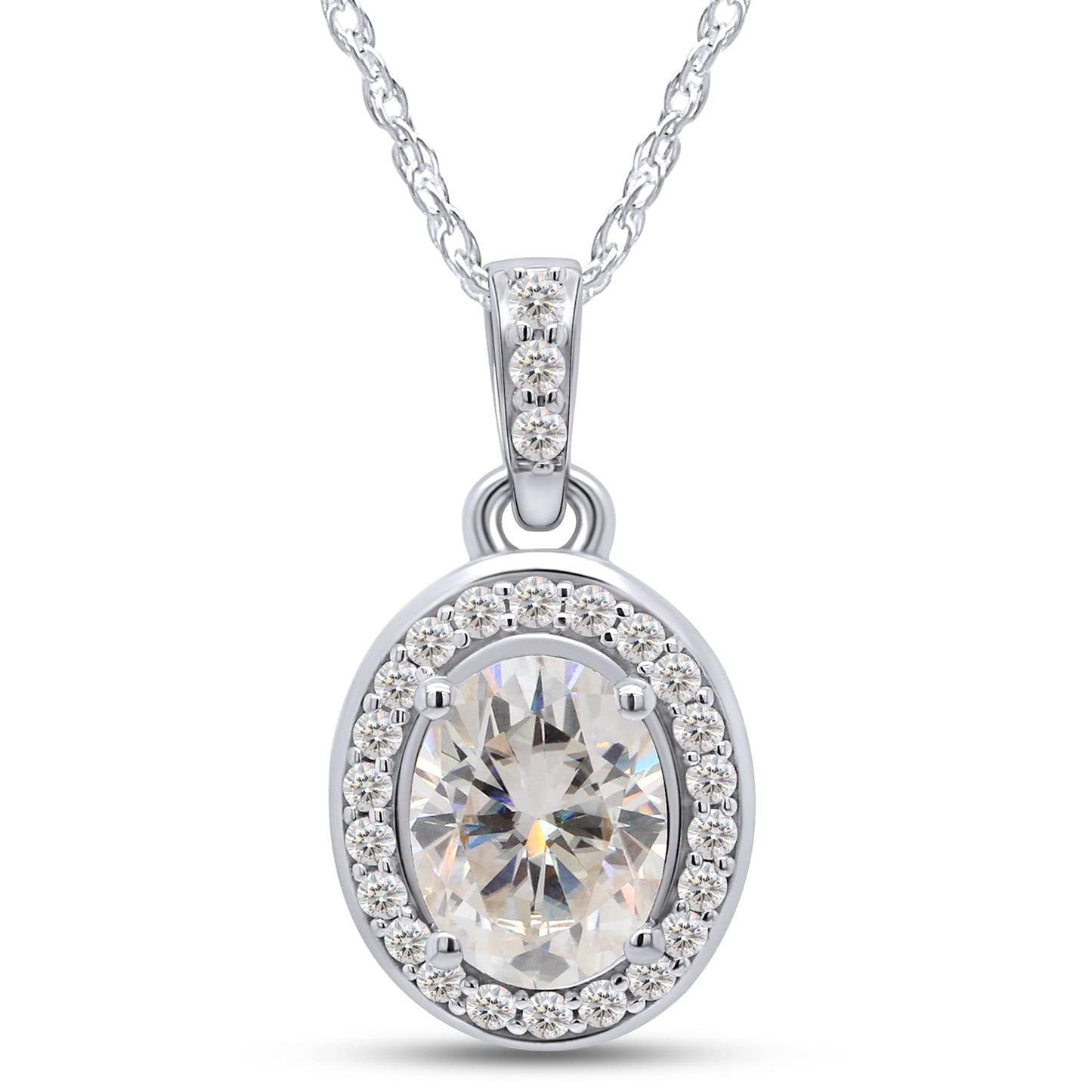 1 1/2 Carat 6X8MM Oval & Round Lab Created Moissanite Diamond Halo Pendant Necklace in 10K or 14K Solid Gold For Women (1.50 Cttw)