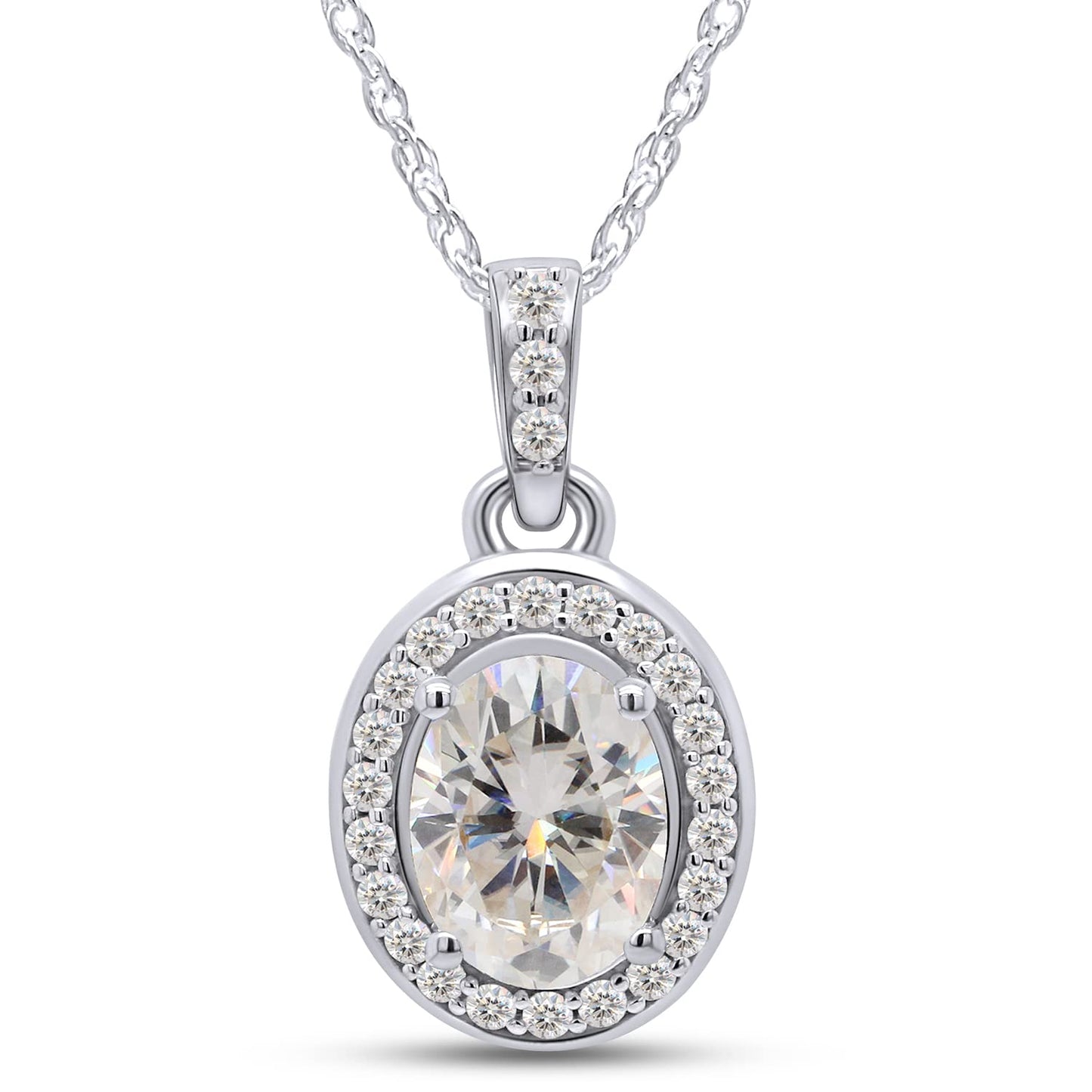 1 1/2 Carat Oval & Round Cut Lab Created Moissanite Diamond Halo Pendant Necklace In 925 Sterling Silver (1.50 Cttw)