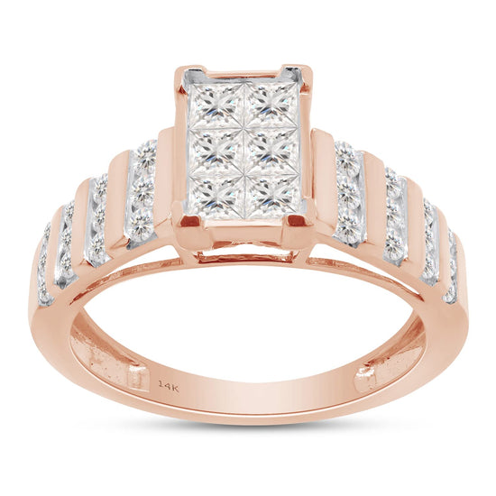 1 Carat Princess & Round Cut Lab Created Moissanite Diamond Cluster Engagement Anniversary Wedding Ring in 10K or 14K Solid Gold