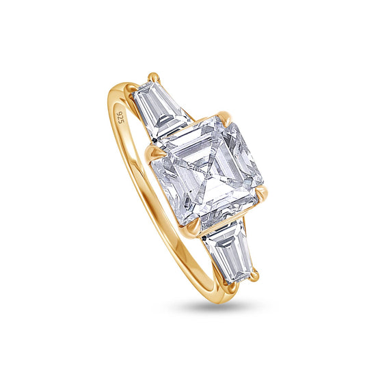 2 1/4 Carat Asscher & Tapered Cut Lab Created Moissanite Diamond 3-Stone Engagement Ring In 925 Sterling Silver