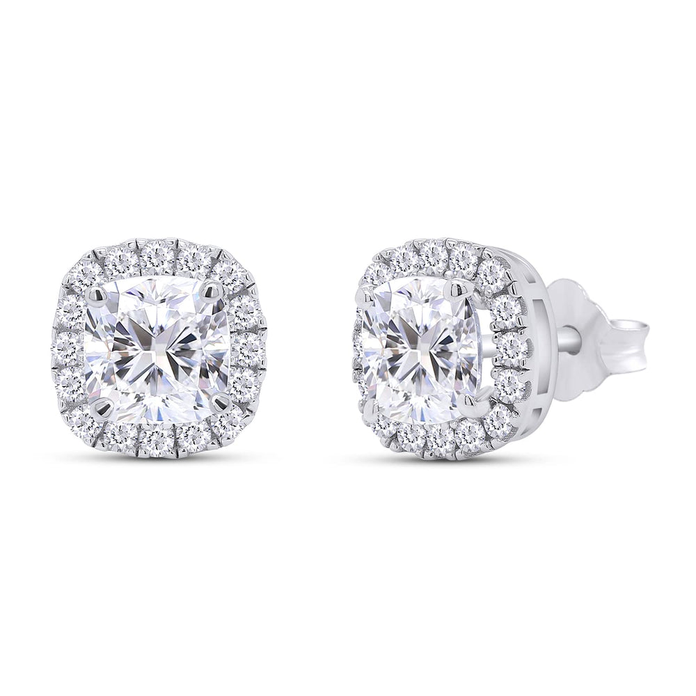 2 Carat Center Stone 6X6mm Lab Created Moissanite Diamond Push Back Halo Stud Earrings In 925 Sterling Silver (2 Cttw)