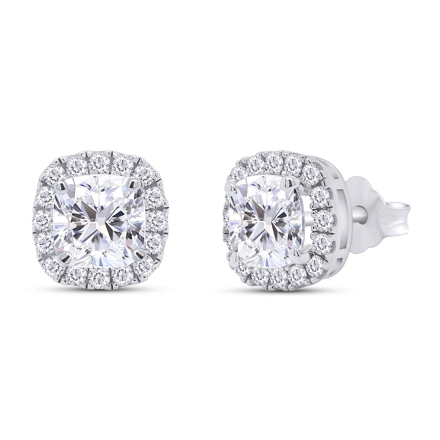 2 Carat Center Stone 6X6mm Lab Created Moissanite Diamond Push Back Halo Stud Earrings In 925 Sterling Silver (2 Cttw)