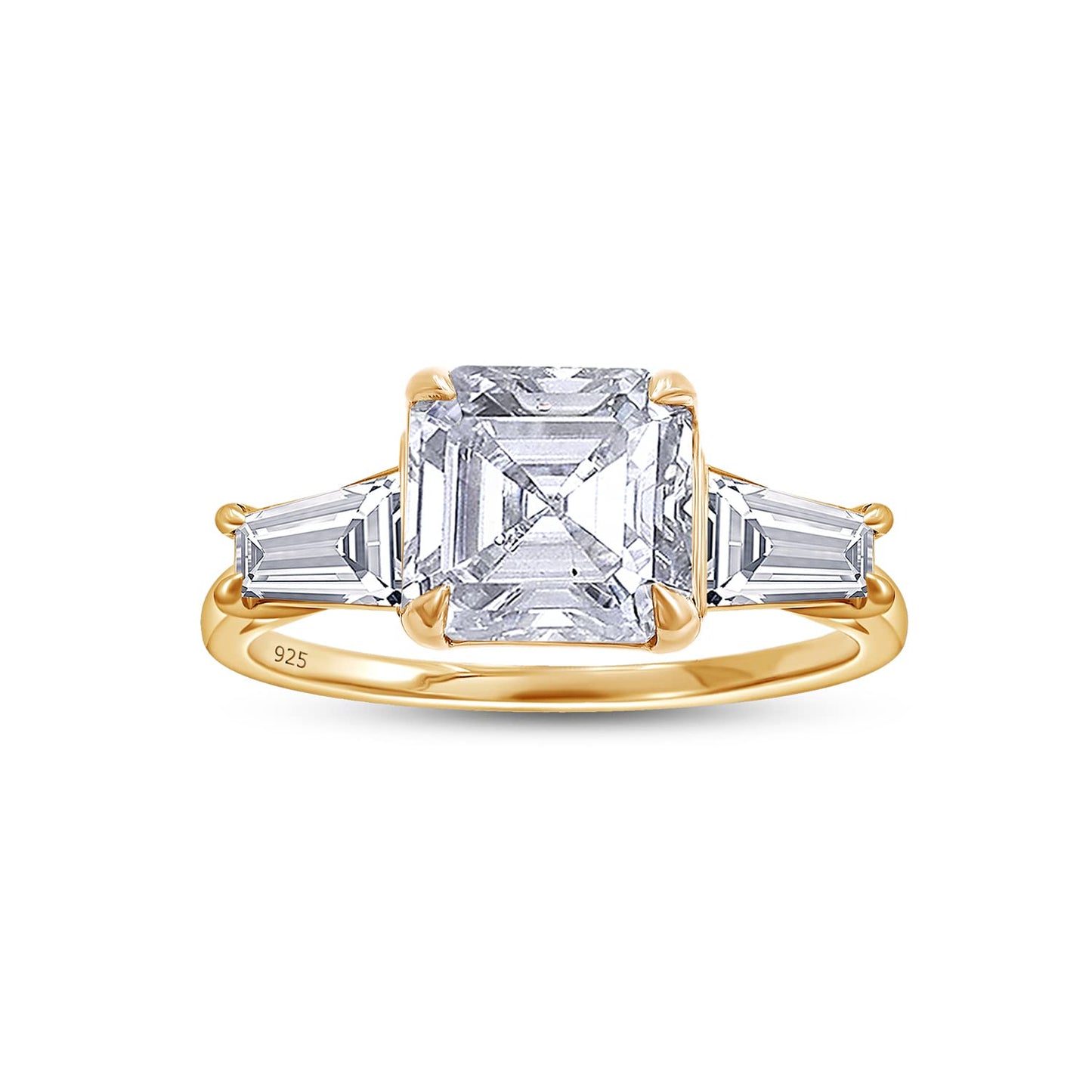 2 1/4 Carat Asscher & Tapered Cut Lab Created Moissanite Diamond 3-Stone Engagement Ring In 925 Sterling Silver