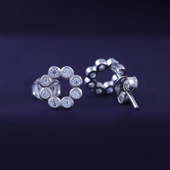 Round Sparkly White Cubic Zirconia Bezel Set Open Circle Stud Earrings In 925 Sterling Silver