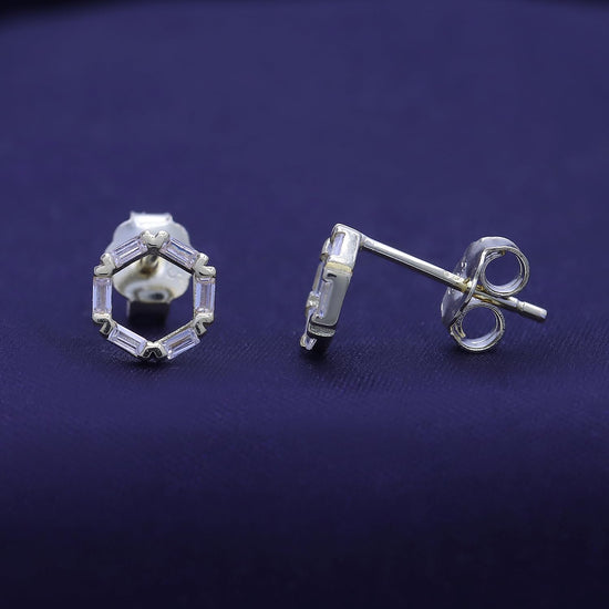 Open Hexagon Shape Stud Earrings For Women, Baguette Shape Sparkling White Cubic Zirconia Dainty Stud Earrings In 14K Gold Over Sterling Silver With Push Back