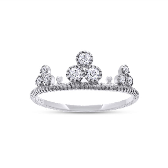 Round Sparkling White Cubic Zirconia Princess Crown Tiara Beaded Wedding Band Ring For Women In 925 Sterling Silver