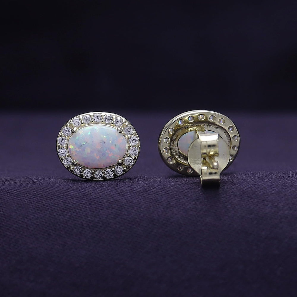 
                      
                        Oval Cut Simulated Opal & Round Shape White Cubic Zirconia Halo Stud Earrings In 925 Sterling Silver
                      
                    