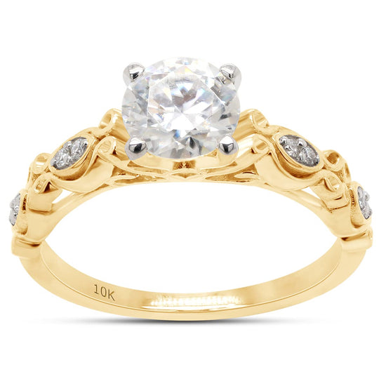 6MM Round Cut Lab Created Moissanite Diamond Solitaire Filigree Engagement Wedding Ring in 10K or 14K Solid Gold (0.85 Cttw)