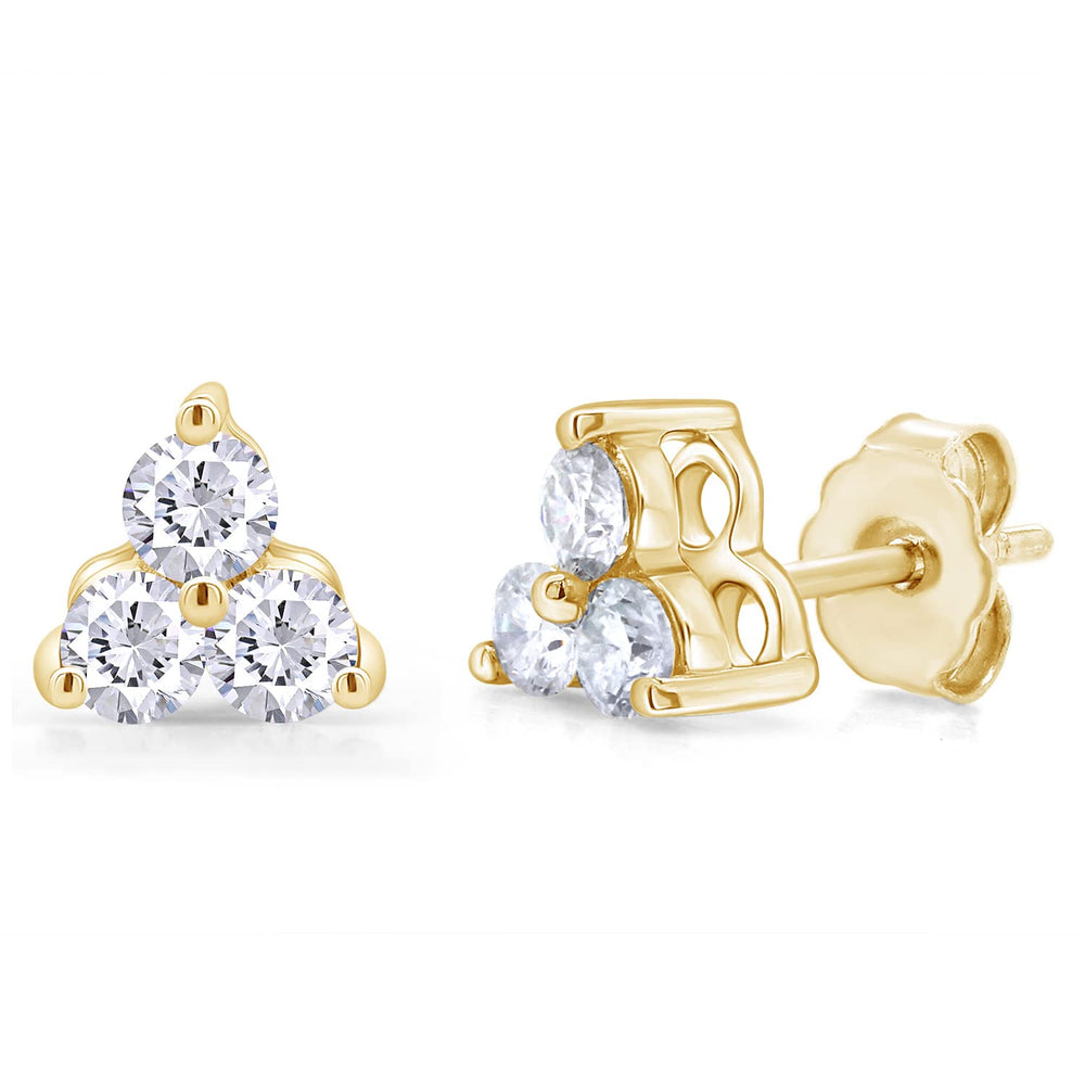 5MM Round Cut Lab Created Moissanite Diamond Three Stone Stud Earrings In 10K Or 14K Solid Gold For Women (2.50 Cttw)