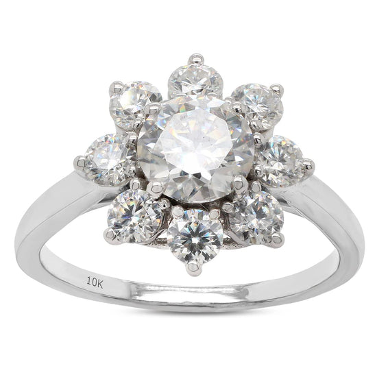 1.50 Carat 6MM Round Cut Lab Created Moissanite Diamond Halo Flower Engagement Ring for Women in 10K or 14K Solid Gold