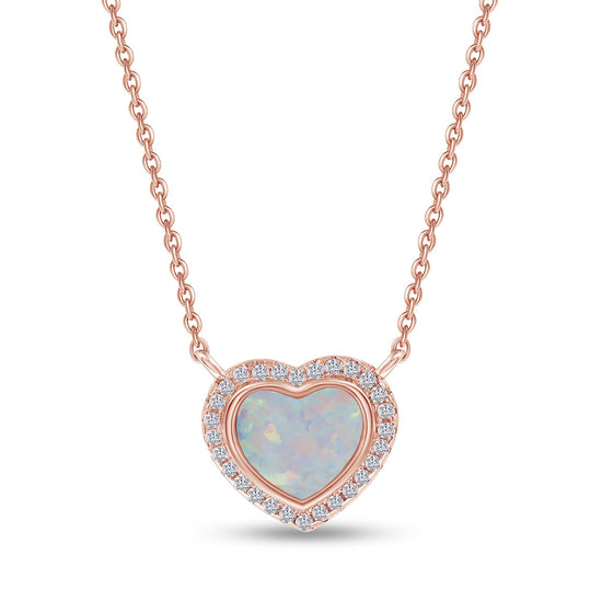 Heart Simulated Opal & Round Shape White Cubic Zirconia Halo Heart Pendant Necklace In 925 Sterling Silver Along With 16" + 2" Extension Chain