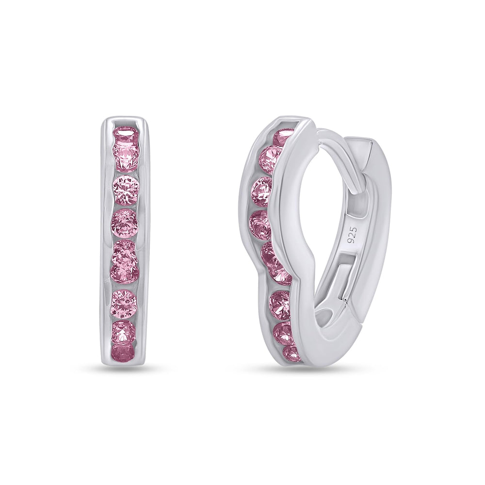 
                      
                        Round Simulated Pink Tourmaline Single Row Heart Shaped Huggie Hoop Earrings For Women In 925 Sterling Silver
                      
                    