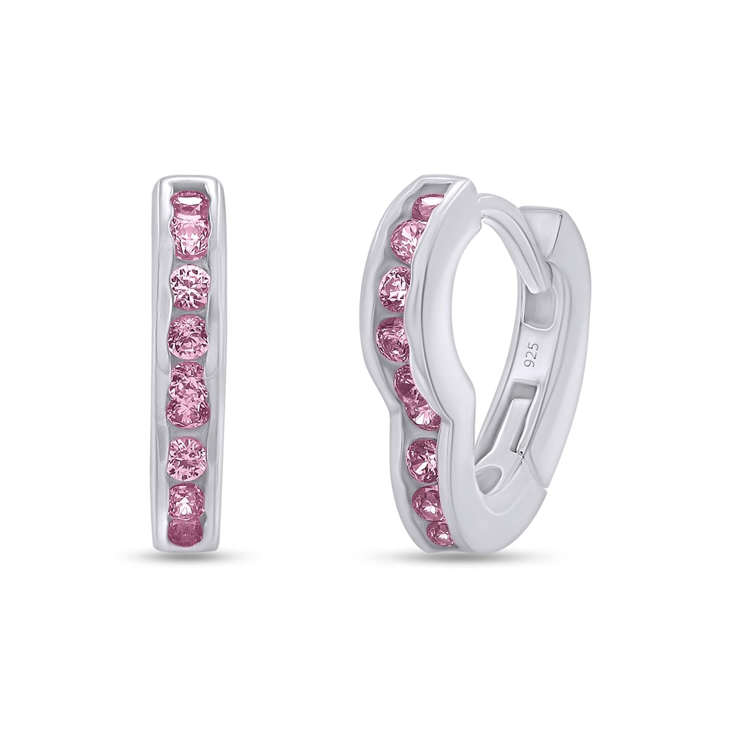 Round Simulated Pink Tourmaline Single Row Heart Shaped Huggie Hoop Earrings For Women In 925 Sterling Silver