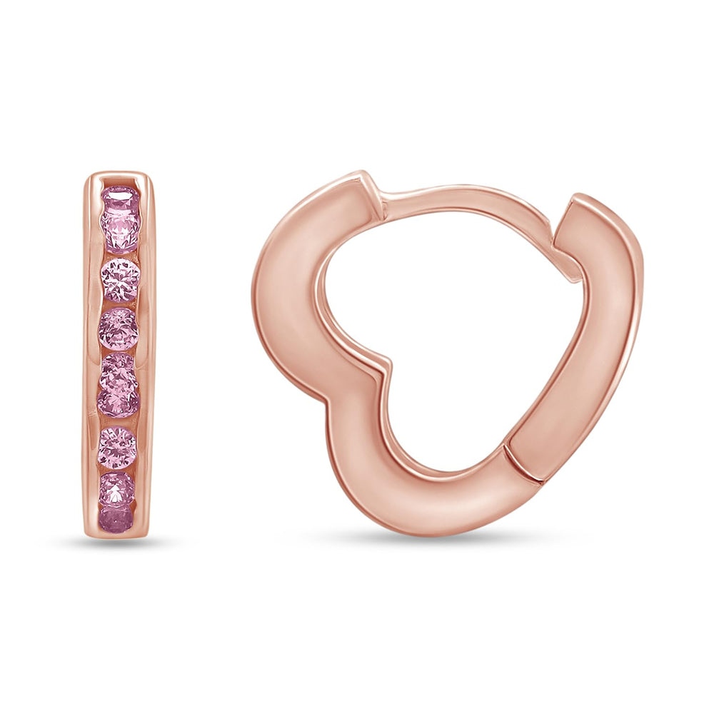 
                      
                        Round Simulated Pink Tourmaline Single Row Heart Shaped Huggie Hoop Earrings For Women In 925 Sterling Silver
                      
                    