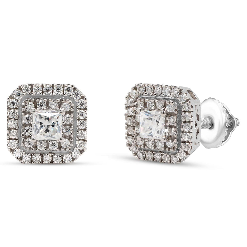 1 Carat Princess & Round Cut Lab Created Moissanite Diamond Double Halo Stud Earrings In 925 Sterling Silver