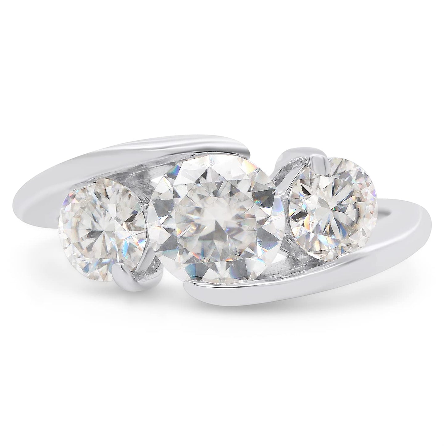 1 3/4 Carat Round Cut Lab Created Moissanite Diamond 3 Stone Bridal Engagement Bypass Promise Ring for Women in 10K or 14K Solid Gold (1.75 Cttw)
