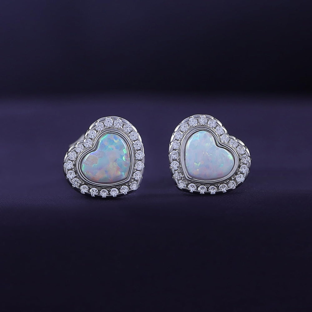 
                      
                        Heart Simulated Opal & Round Shape White Cubic Zirconia Halo Heart Stud Earrings In 925 Sterling Silver
                      
                    