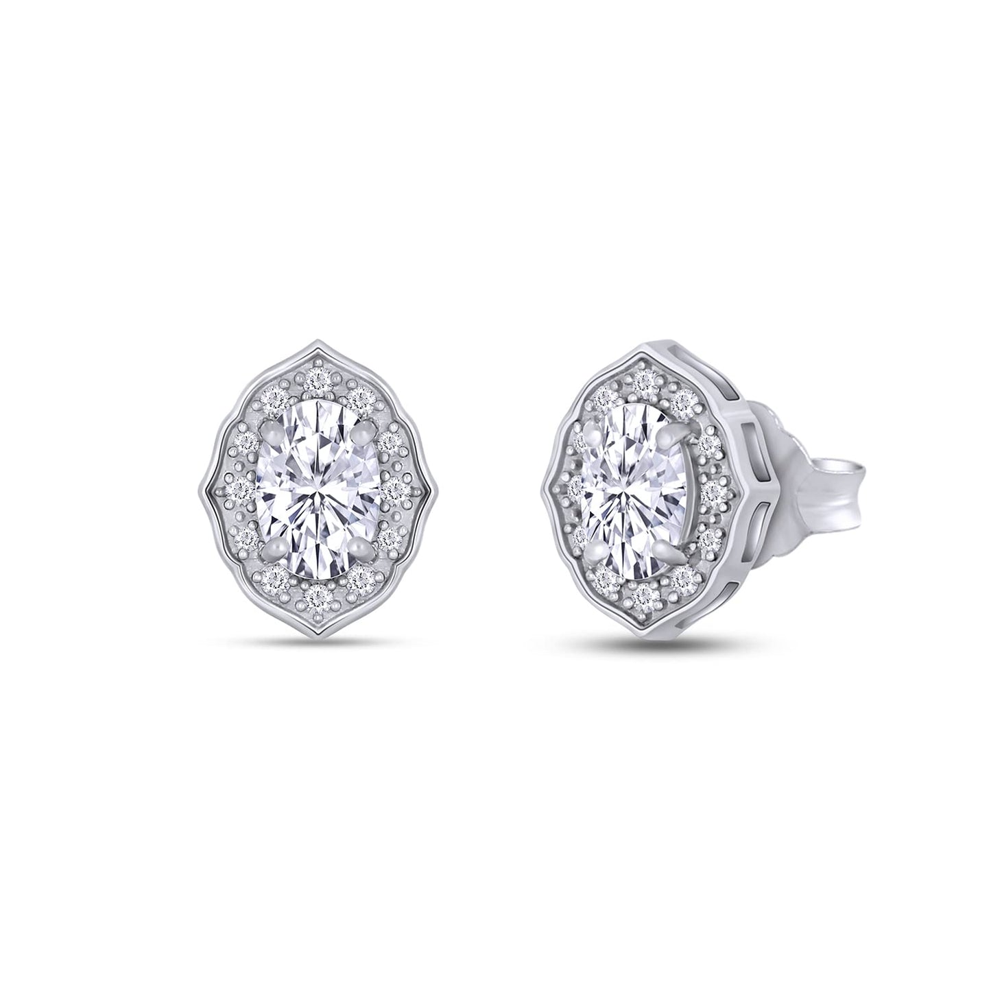 Oval & Round Cut Lab Created Diamond Moissanite Vintage Floral Halo Stud Earring In 925 Sterling Silver (1.10 Cttw)